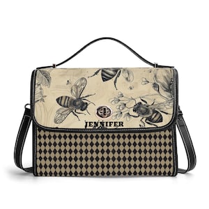 Sac cartable en cuir personnalisé avec motif abeille en beige et noir / Sac à bandoulière