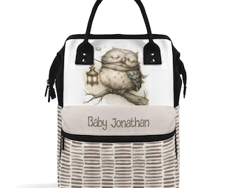 Gepersonaliseerde luiertas/rugzak met slapende uil, schattige reistas met bosmotief voor de babykamer, taupe gestreepte multifunctionele organizer voor mama