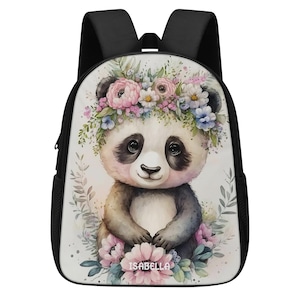 custom panda kids backpack, school bag, travel bag, wild animal, floral panda, baby bag, personalized, bag with name