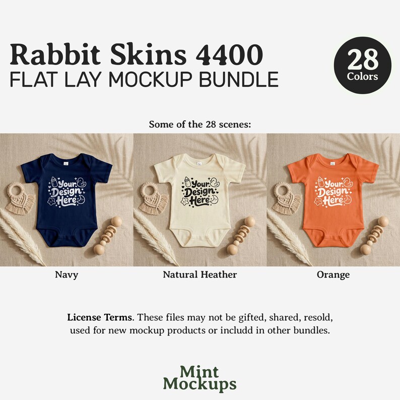 May include: A flat lay mockup bundle featuring three baby onesies in navy, natural heather, and orange. Each onesie has the text "Your Design Here" printed on the front. The image also includes a wooden rattle and a macrame teether.