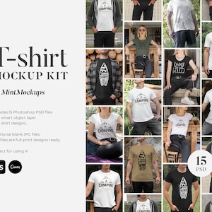 Paquete de maquetas de camisetas / Colección de 15 PSD JPG en blanco / Maquetas de camisas modelo masculinas y femeninas urbanas de verano al aire libre