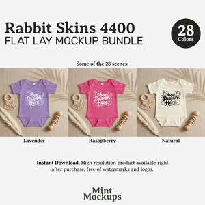 May include: A flat lay mockup bundle featuring baby onesies in lavender, raspberry, and natural colors. Each onesie has the text "Your Design Here". The image includes a wooden rattle, a macrame teether, and decorative elements.