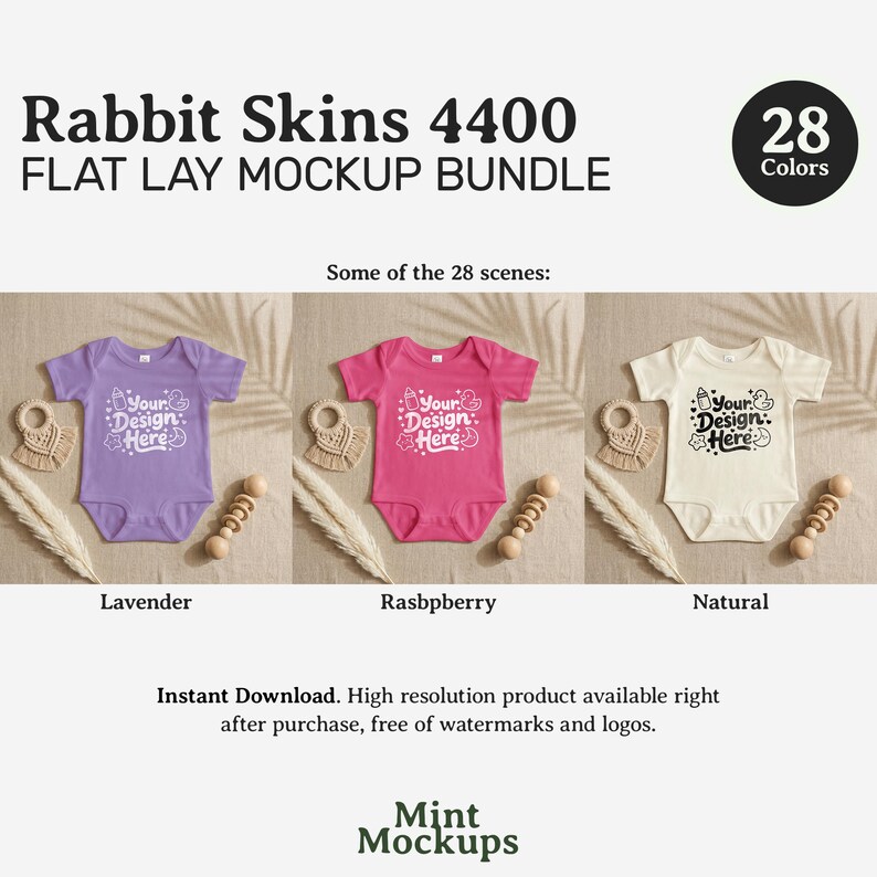 May include: A flat lay mockup bundle featuring baby onesies in lavender, raspberry, and natural colors. Each onesie has the text "Your Design Here". The image includes a wooden rattle, a macrame teether, and decorative elements.