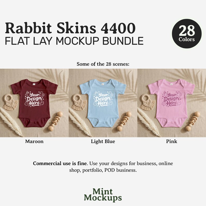 May include: A flat lay mockup bundle featuring baby onesies in maroon, light blue, and pink. Each onesie has the text "Your Design Here" printed on the front. The image also includes a wooden rattle, a teething ring, and decorative wheat.