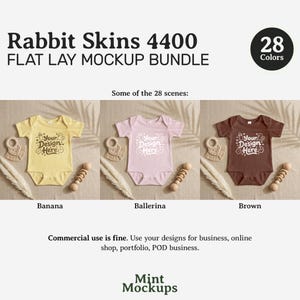 May include: A flat lay mockup bundle featuring three baby onesies in yellow, pink, and brown. Each onesie has the text "Your Design Here" printed on the front. The image includes a wooden rattle, a macrame teether, and decorative elements.
