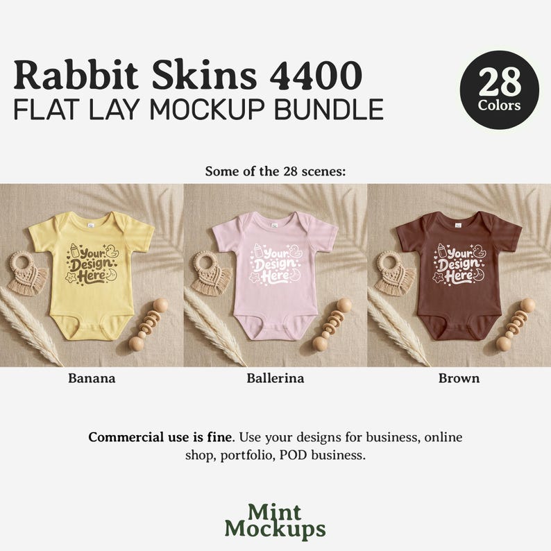 May include: A flat lay mockup bundle featuring three baby onesies in yellow, pink, and brown. Each onesie has the text "Your Design Here" printed on the front. The image includes a wooden rattle, a macrame teether, and decorative elements.