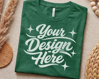 Bella Canvas 3001 Heather Grass Green T-Shirt Mockup, Folded Flat Lay, PNG (Digital Download)