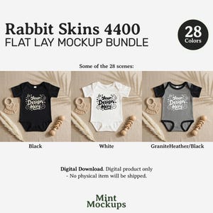 May include: A flat lay mockup bundle featuring three baby onesies in black, white, and gray with black sleeves. Each onesie has a graphic that says "Your Design Here". The image also includes wooden toys and decorative elements.