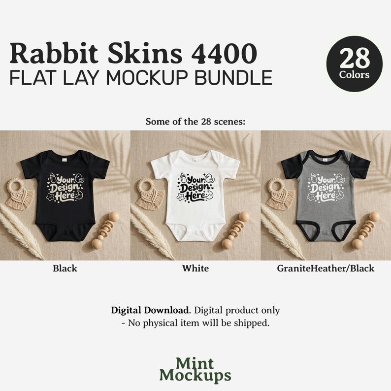 May include: A flat lay mockup bundle featuring three baby onesies in black, white, and gray with black sleeves. Each onesie has a graphic that says "Your Design Here". The image also includes wooden toys and decorative elements.