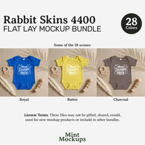 May include: A flat lay mockup bundle featuring baby onesies in royal blue, butter yellow, and charcoal gray. Each onesie has the text "Your Design Here". The image includes wooden toys and decorative elements.