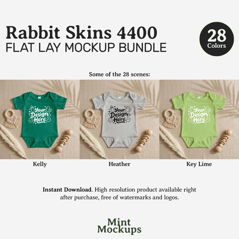 May include: A flat lay mockup bundle featuring baby onesies in Kelly green, heather gray, and key lime colors. Each onesie has a graphic that says "Your Design Here". The image also includes a wooden rattle and a macrame teether.