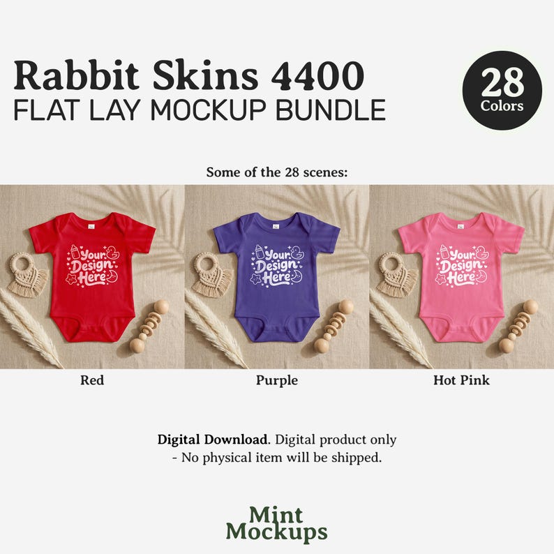May include: A flat lay mockup bundle featuring three baby onesies in red, purple, and hot pink. Each onesie has the text "Your Design Here" printed on the front. The image includes a wooden rattle and a beige teething ring.