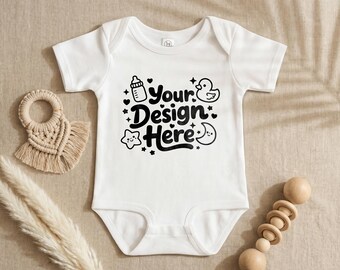 Rabbit Skins 4400 White Baby Bodysuit Mockup | Boho Gender Neutral Kids Flat Lay