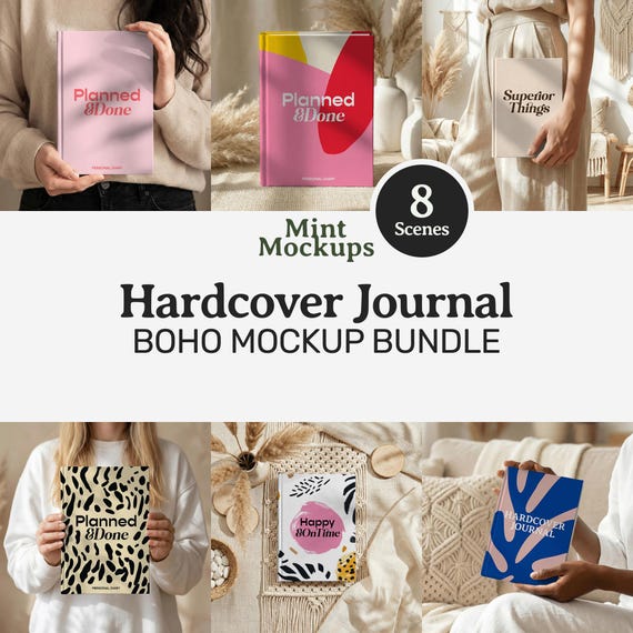 Hardcover Journal Mockups Bundle, Easy Matte Planner Notebook Canva Printify (Digital Download PNG)