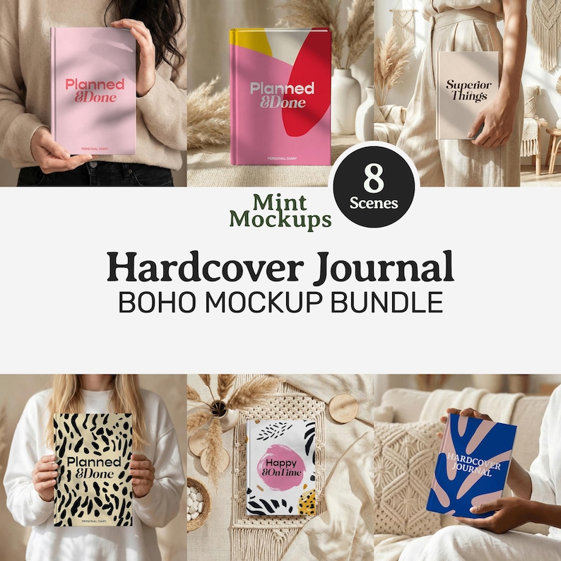 Hardcover Journal Mockups Bundle, Easy Matte Planner Notebook Canva Printify (Digital Download PNG) image 1