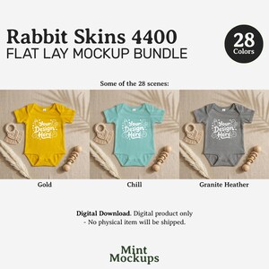 May include: A flat lay mockup bundle featuring baby onesies in gold, teal, and gray. Each onesie has the text "Your Design Here". The image also includes a wooden rattle, a macrame teether, and decorative wheat stalks. The text "Rabbit Skins 4400" is at the top.