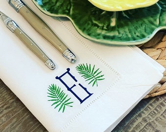 Embroidered Monogrammed Chinoiserie Palm Frond  Linen Dinner Napkin