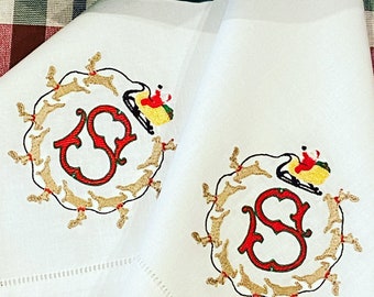 Monogrammed Vintage Santa Sleigh & Reindeer Linen/Cotton Dinner Napkin