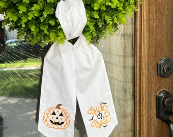Embroidered Halloween Wreath Sash: Pumpkin & Bats Cotton Door Hanger
