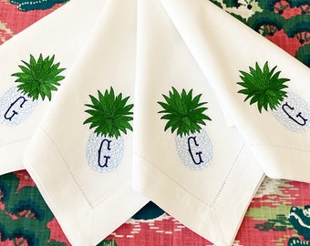 Embroidered Monogrammed Chinoiserie Pinapple Linen Dinner Napkin