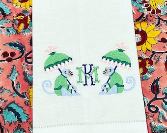 Embroidered Chinoiserie Duo Monkey Linen Hand Towel