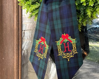 Embroidered Plaid Christmas Wreath Sash | Personalized Holiday Decor