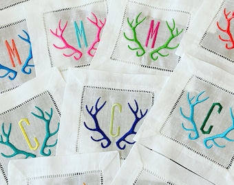 Monogrammed Antler Linen/Cotton Cocktail Napkin