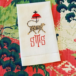 Embroidered Chinoiserie Cheetah with Umbrella Linen Hand Towel image 3