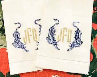 Embroidered Chinoiserie Duo Tiger Linen Hand Towel Monogrammed