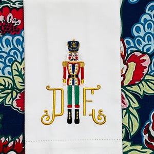 Christmas Monogrammed Nutcracker Linen Hand Towel