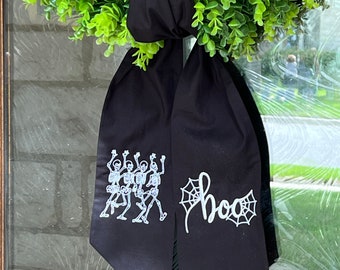 Halloween Wreath Sash: Embroidered Skeleton & Spider Web Door Hanger