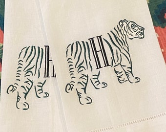 Embroidered Chinoiserie Tiger Linen Hand Towel | Hostess Gift | Housewarming Gift | Wedding Gift | Bar Cart |