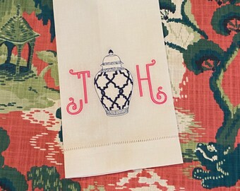 Embroidered Chinoiserie Ginger Gar Linen Hand Towel