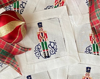 Christmas Monogrammed Nutcracker Linen Cocktail Napkin