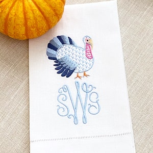 Embroidered Chinoiserie Turkey Linen Hand Towel |Thanksgiving| Fall| Chinoiserie - Monogram Option