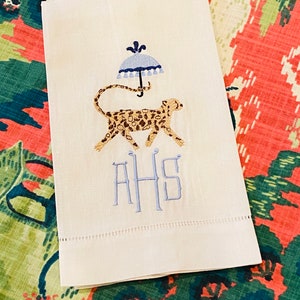 Embroidered Chinoiserie Cheetah with Umbrella Linen Hand Towel image 4