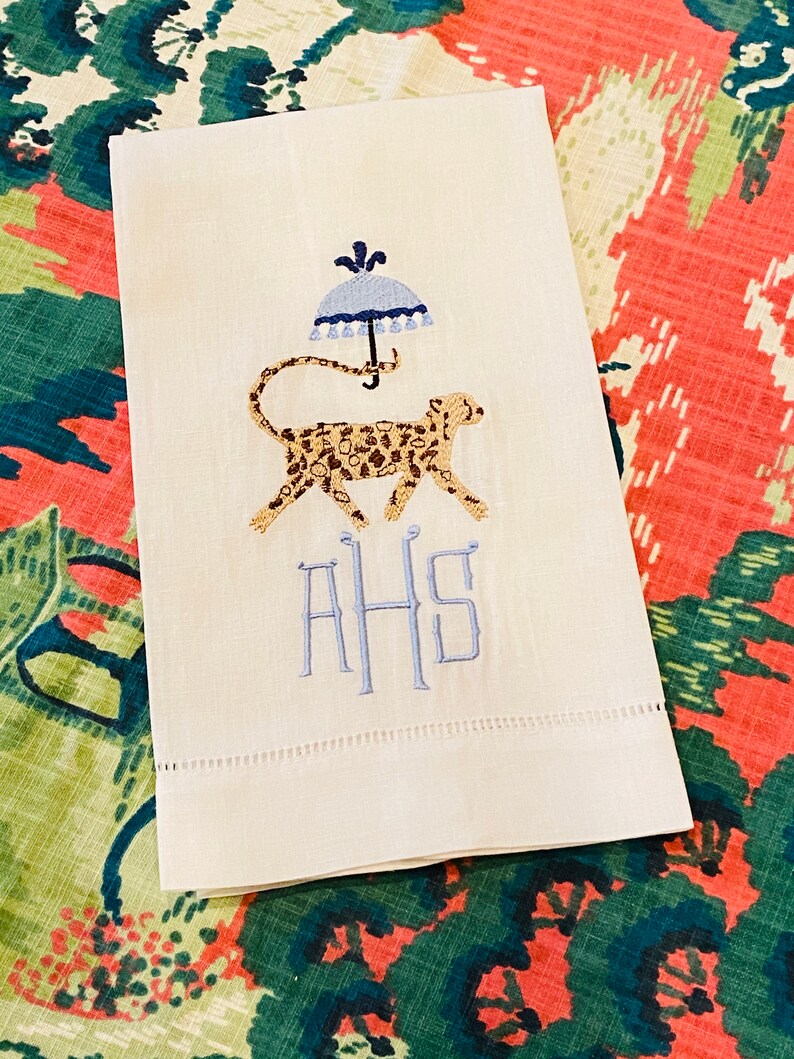 Embroidered Chinoiserie Cheetah with Umbrella Linen Hand Towel image 4