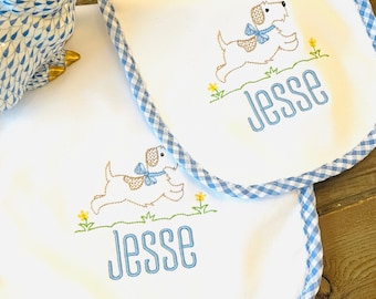 Embroidered Monogrammed Gingham Burp Cloth, Bib | Gift Set  | Monogrammed Burp Cloths | Baby Gift | Baby Shower | Baby Boy | Baby Girl |