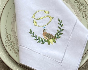 Monogrammed Partridge in a Pear Tree  Linen/Cotton Dinner Napkin