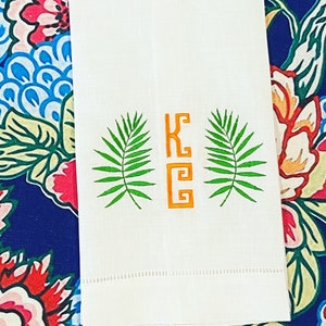 Embroidered Palm Frond with Greek Key Monogram Linen Hand Towel