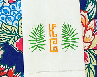 Embroidered Palm Frond with Greek Key Monogram Linen Hand Towel