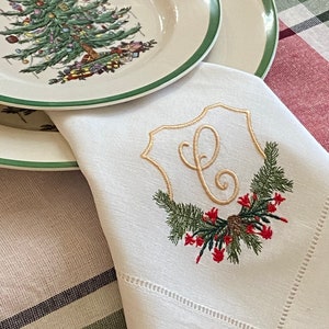 Monogrammed Christmas Linen/Cotton Dinner Napkin