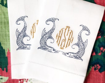 Duo Dolphin Koi Fish Monogrammed Hand Towel