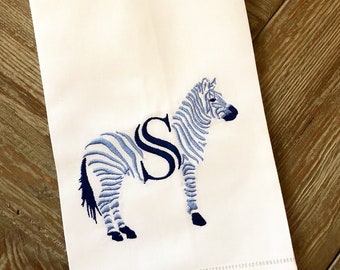 Embroidered Chinoiserie Zebra Linen Hand Towel
