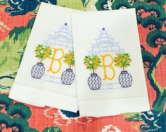 Pagoda w/ Orange Trees Linen Hand Towel