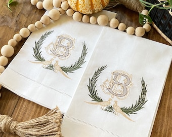 Monogrammed Pheasant Linen Hand Towel