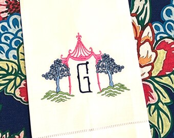 Pagoda Chinoiserie Embroidered Hand Towel