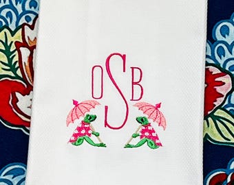 Embroidered Monogrammed Chinoiserie Frogs with Parasols Hand Towel | Bar Cart |