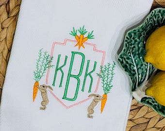 Embroidered Chinoiserie Easter Hand Towel | Monogrammed Easter Bunny w/ Carrots Crest
