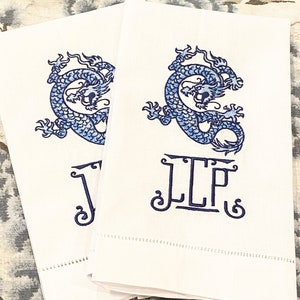 Embroidered Chinoiserie Dragon Linen Hand Towel - Etsy
